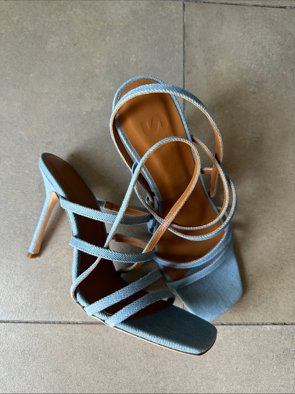 STAUD Light Blue Denim Strappy Square-Toe High Heel Sandals